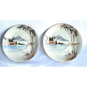 Kutani China Hand Painted Dessert Plates Mountain Trees
